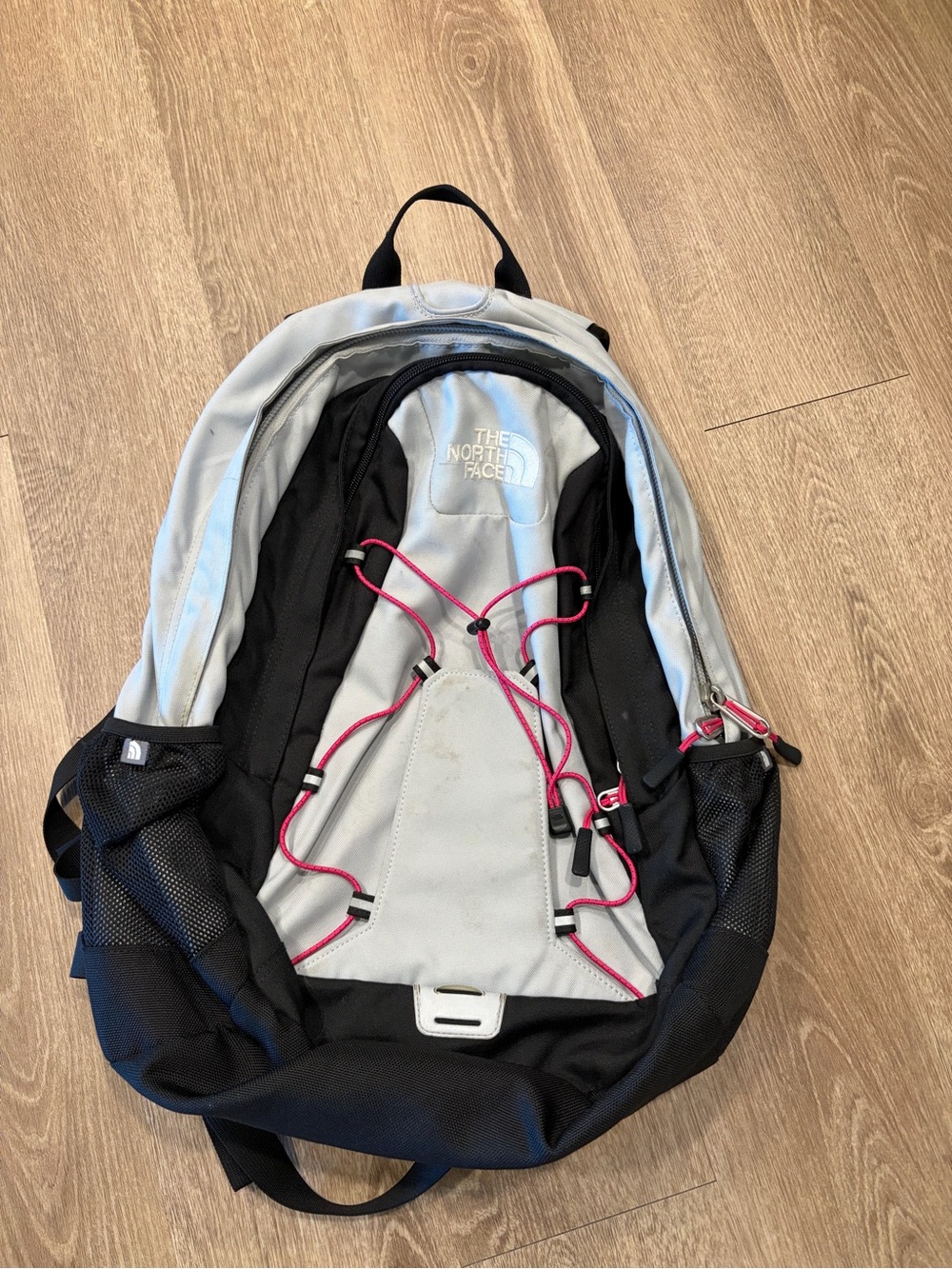 The North Face Black & Light Gray Backpack with Pink Bungee